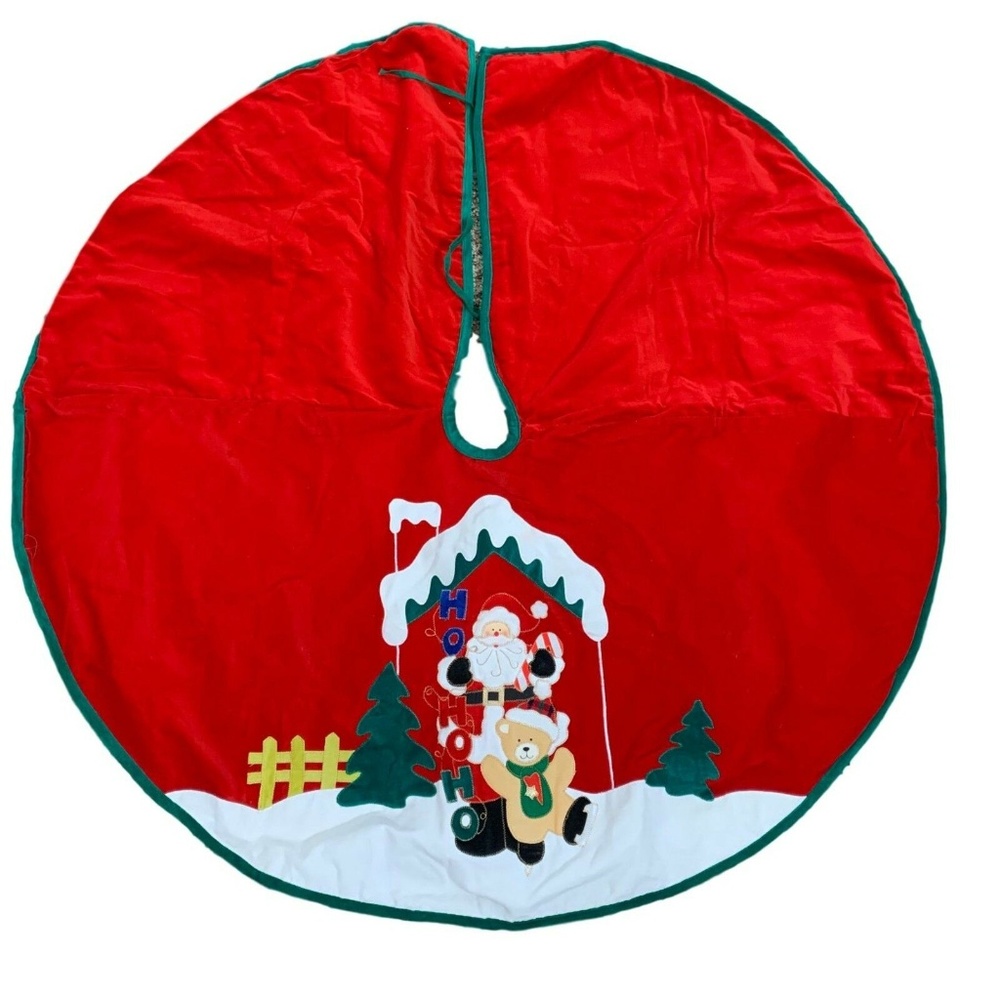 Christmas Tree Skirt Red Santa Claus Teddy Bear Ice Skating 40" Workshop